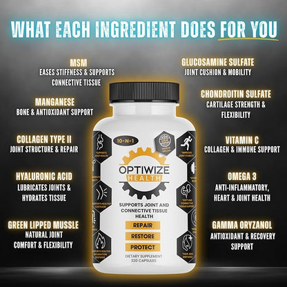 OptiWize 10-N-1 Joint Support Hydrolyzed Collagen,MSM, Hyaluronic Acid, Glucosamine,Chondroitin & More- Targets Joint Discomfort, Improves Mobility & Flexibility 320 Caps for Men & Women Made in USA
