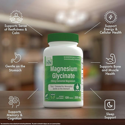 Magnesium Glycinate - Muscle, Nerves, Relaxation & Sleep Supplement | 200mg Elemental Magnesium Fully Reacted Chelated | Gentle on the Stomach | Non-GMO 120 Tablets | by Health Thru Nutrition