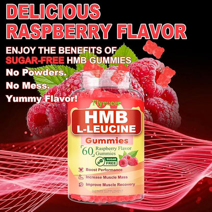2 Pack HMB and L-Leucine Gummies, HMB and Leucine for Muscle Growth, Muscle Relief, for Men & Women, Vegan, Sugar-Free, Raspberry Flavor, 120 Count