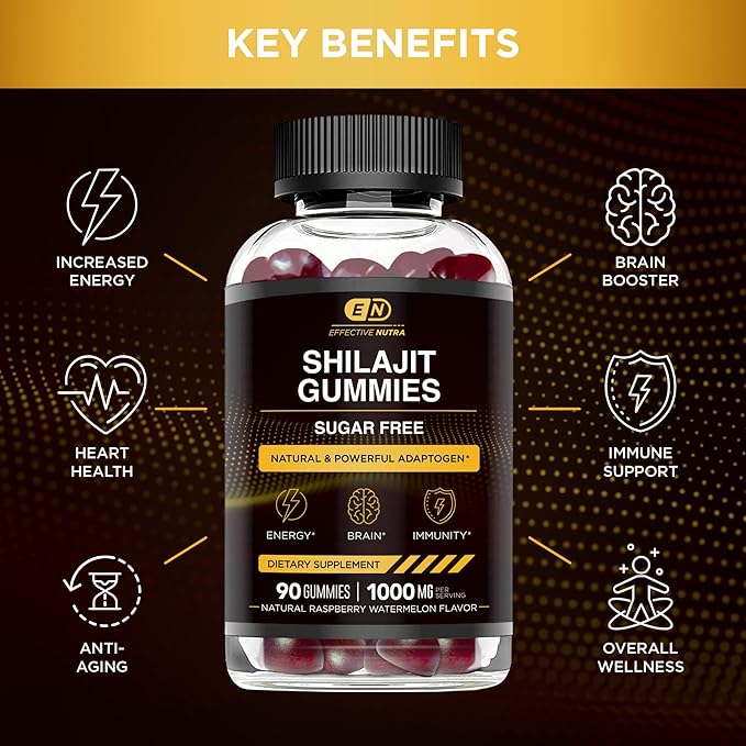 Effective Nutra Shilajit Gummies 1000mg | Pure Shilajit Resin for Energy, Brain & Immunity | Supplement for Men & Women | Sugar-Free, Vegan, Gluten-Free | Natural Berry Flavor, Made in USA (90ct)