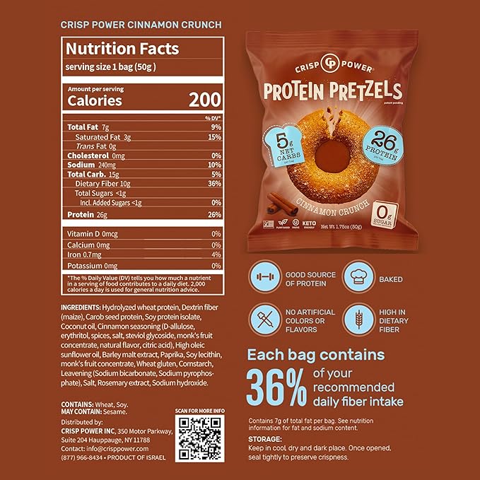 CRISP POWER Protein Pretzels, NEW Cinnamon Crunch, 26G Protein, High Protein Snack, High Fiber, Low Carb Crunchy Pretzel Snacks, No Added Sugar, 1.75 oz Bags, 24 Pack, Vegan, Keto