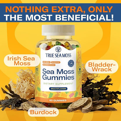TrueSeaMoss Irish Sea Moss Gummies with Burdock Root & Bladderwrack – Formula for Adults & Kids – 60 Gummies (Packaging May Vary)