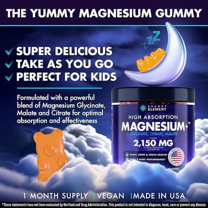 Secret Element Magnesium Glycinate 2150MG Gummies for Women and Men, High Absorption Magnesium Glycinate, Citrate, Malate, Sugar Free, Vegan, 60 Chews, Pack of 2, Orange