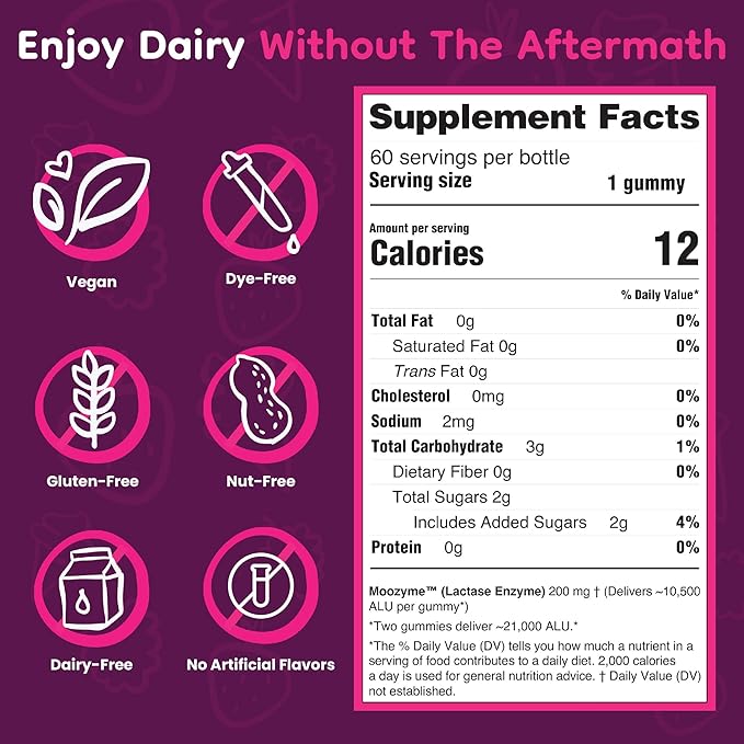 Lactase Enzyme Gummies 9000+ FCC 60 Count – Digestive Enzyme Supplement for Dairy Foods, Chewable Lactase Support, Vegan, Kosher, Made in USA | Moozyme™