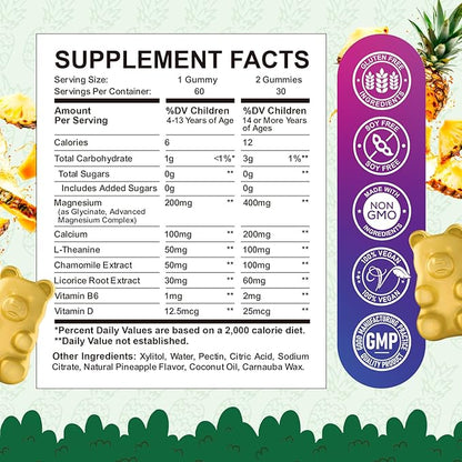 2 Pack Kids Magnesium Gummies, Magnesium Glycinate Gummies for Kids & Adults with L-Theanine, Chamomile, Licorice, Vitamin D, B6 for Sleep, Relaxation, Brain & Muscle, Sugar Free Pineapple