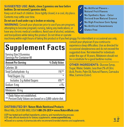 Nature Made Melatonin 10 mg per serving Gummies, Sleep Gummies for Adults Maximum Strength Dosage, 100% Drug Free Sleep Aid, 120 Count, 60 Day Supply