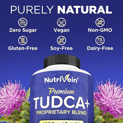 Nutrivein Premium TUDCA+ Liver Support Supplement 1000mg - 30 Day Supply (60 Caps): TUDCA Supplement Bile Salts for Liver Wellness