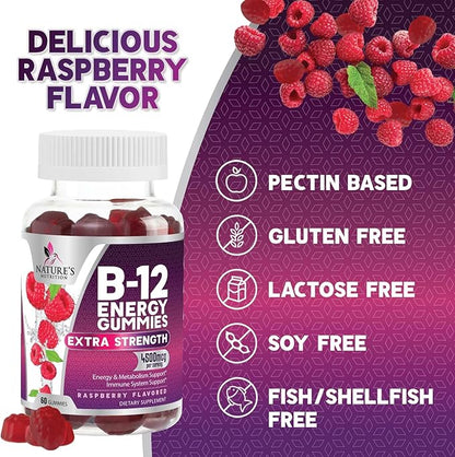 B12 Energy Gummies - 4500 mcg Vitamin B12 Per Serving - Extra Strength Chewable B12 Supplement for Energy, Metabolism & Immune Support - For Women, Men & Kids - Natural & Berry Flavored - 60 Gummies