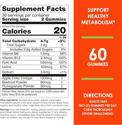 Nature's Key Apple Cider Vinegar Gummies -1000mg 60 Count, for Weight Loss, Digestion, Natural Detox & Cleanse | Vegan, Non-GMO, Gluten Free| with Folic Acid Vitamin B6 B12 Beetroot Pomegranate