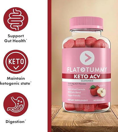 Flat Tummy Keto ACV Gummies, 60 Count – Specialized Formula, Post GLP-1 Keto Supplement, Vegan-Friendly, Non-GMO - Apple Cider Vinegar Gummies, BHB Salts, Beet and Pomegranate Superfood Powders