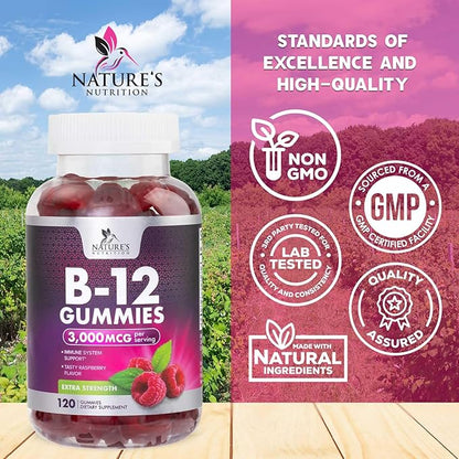 Vitamin B12 Energy Gummies - 3000 mcg per Serving Extra Strength B 12 Gummy for Metabolism & Immune System Support - Chewable Dietary B12 Supplements, Caffeine Free Gummy Vitamin - 120 Gummies
