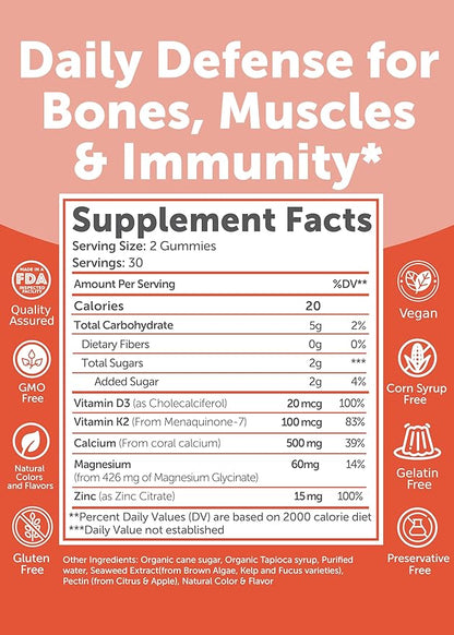 Lunakai USA Made Calcium Magnesium Zinc Gummies with Vitamin D3 & K2 – Delicious 5-in-1 Supplement for Daily Bone, Muscle & Immune Support for Women, Men & Kids, 60ct