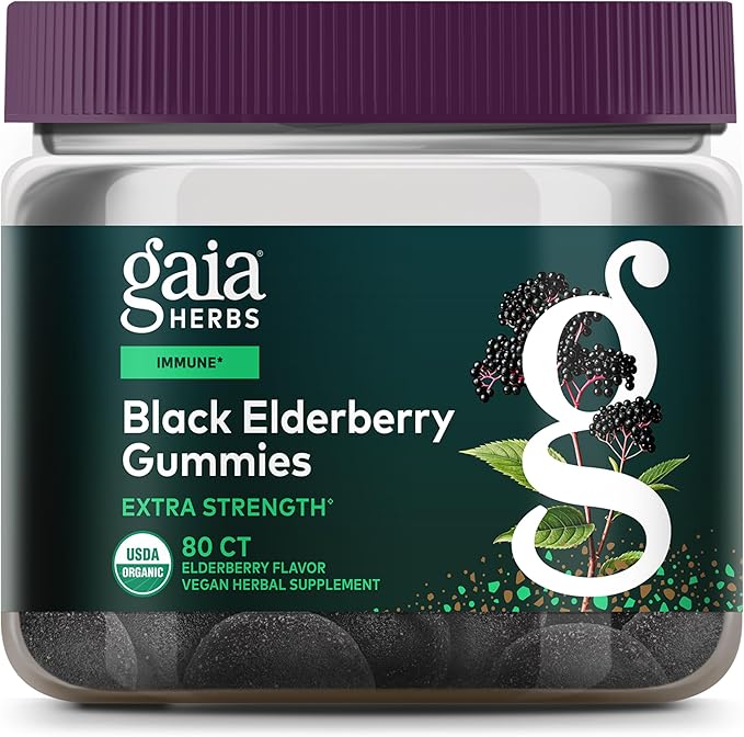 Gaia Herbs Black Elderberry (Sambucus nigra) Extra Strength Gummies - Delicious Immune Support Supplement* - Certified Organic Black Elderberries for Immune System Support* - 80 Gummies (40 Servings)