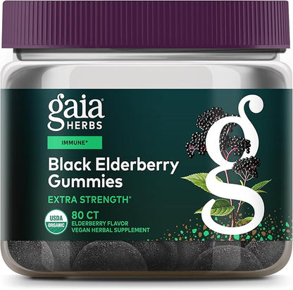 Gaia Herbs Black Elderberry (Sambucus nigra) Extra Strength Gummies - Delicious Immune Support Supplement* - Certified Organic Black Elderberries for Immune System Support* - 80 Gummies (40 Servings)