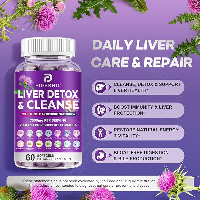 Liver Cleanse Detox & Repair - Herbal Liver Support Milk Thistle Supplement, 7500mg Strength Liver Health Support with Silymarin Artichoke Extract Dandelion Beet TUDCA Choline NAC, 60 Softgels