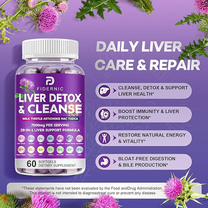 Liver Cleanse Detox & Repair - Herbal Liver Support Milk Thistle Supplement, 7500mg Strength Liver Health Support with Silymarin Artichoke Extract Dandelion Beet TUDCA Choline NAC, 60 Softgels
