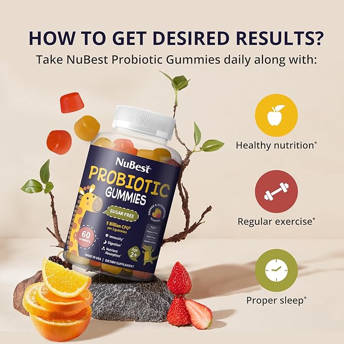NuBest Daily Probiotic Gummies for Kids & Teens with 5 Billion CFUs | Supports Immune, Gut, and Digestive Health | No Added Sugar | Yummy Strawberry & Orange Flavors | 60 Premium Vegan Gummies
