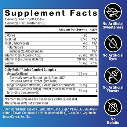 Force Factor Daily Relief Joint Support, Drug-Free Joint Formula with Boswellia, Turmeric, Ginger, Vitamin C and D for Mobility, Flexibility, and Cartilage Health, Tropical Berry, 30 Soft Chews