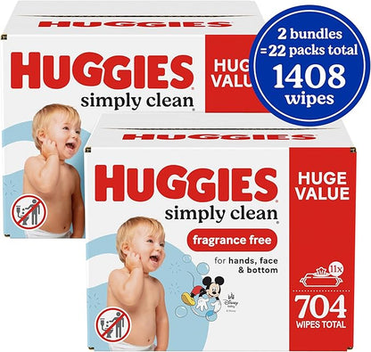 Huggies Simply Clean Unscented Baby Diaper Wipes, Flip-Top Packs (704 Wipes Total), Packaging May Vary (Pack of 22)