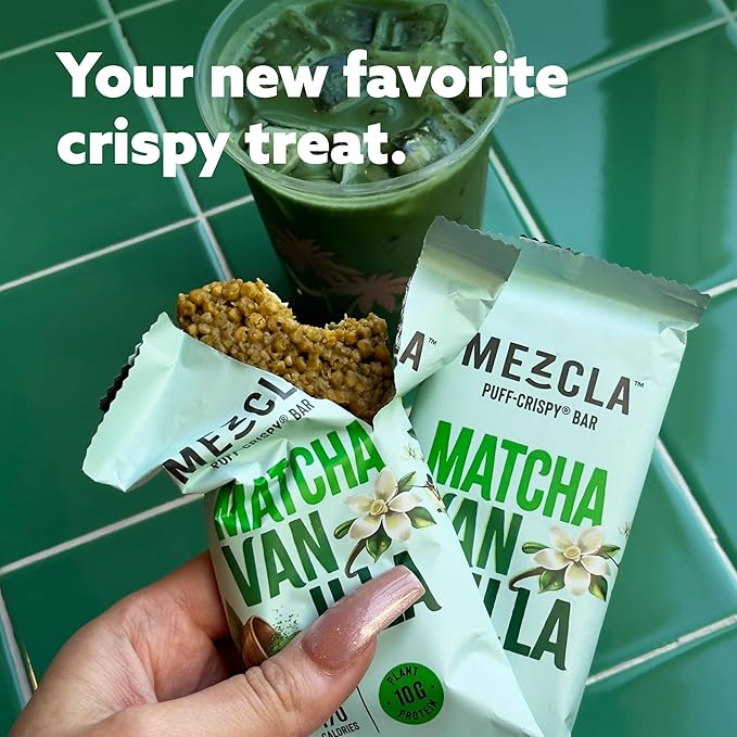 Mezcla Puff-Crispy Plant Based Protein Bars - Matcha Vanilla - Healthy Snacks for Adults & Matcha Latte Fans - Best School, Travel, Office Snacks - Gluten Free, Vegan, Non GMO, 10g Protein - 12 Count