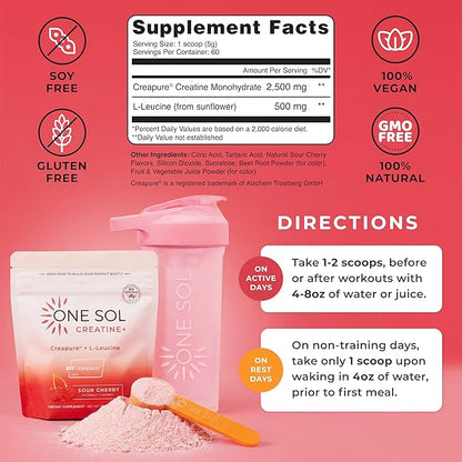 One Sol Creatine for Women, All Natural Women’s Creatine Powder w Creapure & Leucine, Increase Lean Muscle Mass, Reduce Recovery Time, Promotes Brain & Bone Health (Sour Cherry, 60 Servings)