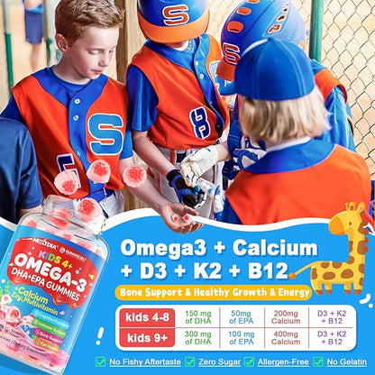 Nextdia Omega 3 (EPA/DHA) Filled Gummies for Kids Teen with Multivitamin, Calcium + D3 + K2 + Zinc, Plus Vitamin A B1 B2 B12 C, Selenium, Iodine for Brain, Eye, Bone, Energy, No Fish Taste, Sugar Free
