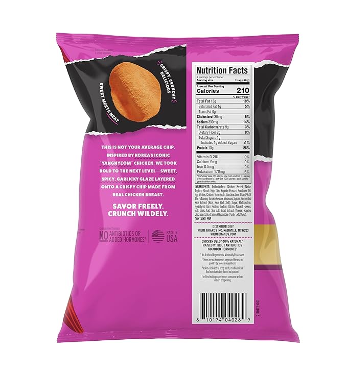 WILDE Protein Chips, Korean Sweet & Spicy, High Protein Snacks for Adults, Keto Chips, Gluten Free, Low Carb Snack Box Made with Real Ingredients 1.34oz Bags, Pack of 12