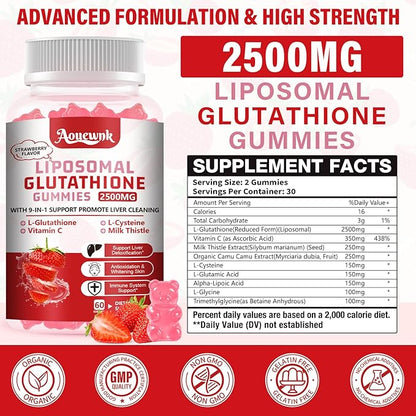 2 Packs 2500MG Liposomal Glutathione Gummies Supplement - Support Skin & Liver Function, 98% Bioavailability, with L-Glutathione & Milk Thistle to Support Antioxidant & Enhance Immunity