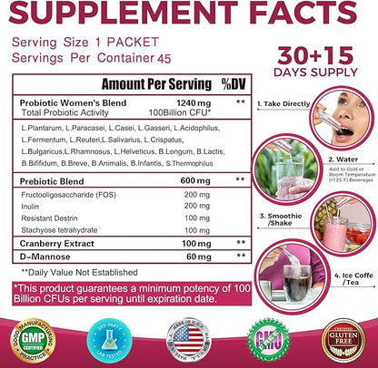 ZEBORA Probiotics-for-Women 100-Billion-CFUs with Prebiotics, D-Mannose & Cranberry for Digestive, Immune, Feminine UT Health Support, Ultimate Probiotic Women's Care, Soy & Gluten Free, 45 Packets