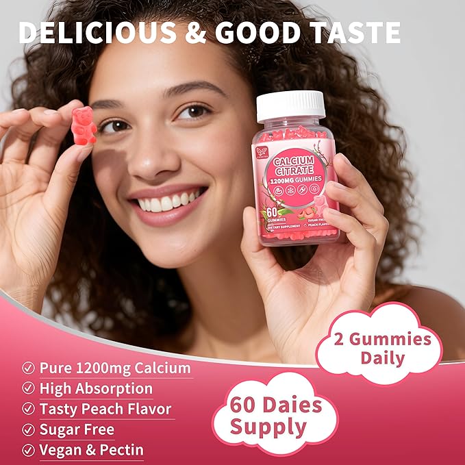 (3 Pack) Calcium Citrate 1200 mg Gummies for Women & Men,Calcium Supplements for Women,High Absorption for Bone Muscle Healthy - Easy to Digest, Sugar Free,Vegan,Peach Flavor,90 Day Supply