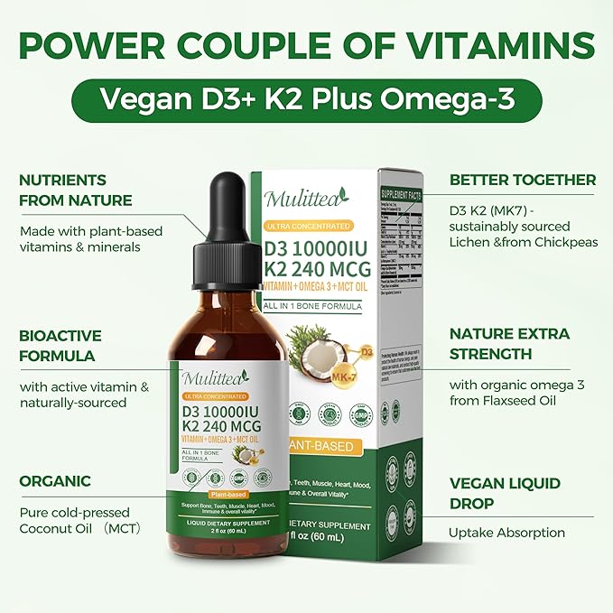 Mulittea Vitamin D3 K2 Liquid 10000 IU w/Vegan Omega-3 & Coconut MCT Oil - Maximum Strength Vitamin D Supplement, No Fillers, Non-GMO K2 as MK7 for Bones, Muscles & High Absorption-2 Fl Oz 1pack