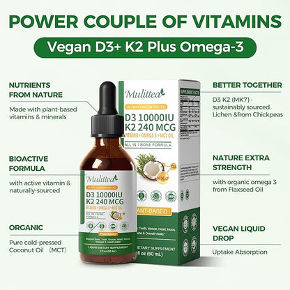 Mulittea Vitamin D3 K2 Liquid 10000 IU w/Vegan Omega-3 & Coconut MCT Oil - Maximum Strength Vitamin D Supplement, No Fillers, Non-GMO K2 as MK7 for Bones, Muscles & High Absorption-2 Fl Oz 1pack