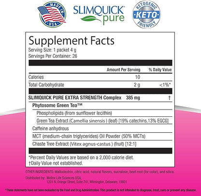 SlimQuick Pure 3X Extra Strength Drink Mix Packets, Metabolism & Weight Management for Women, Helps in Fat Breakdown, with Green Tea, Caffeine, Chaste Tree, Rhodiola Extract - Pink Lemonade, 26 Count