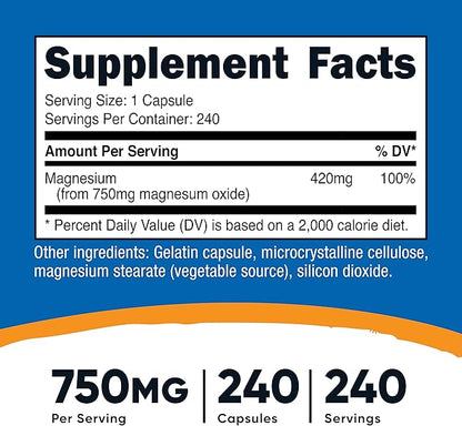 Nutricost Magnesium Oxide 750mg, 240 Capsules (3 Bottles)