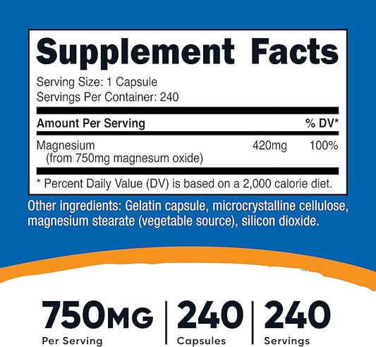 Nutricost Magnesium Oxide 750mg, 240 Capsules (3 Bottles)