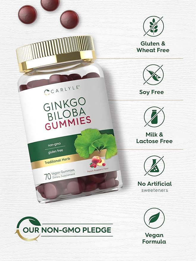 Carlyle Ginkgo Biloba | 70 Gummies | 45:1 Leaf Extract | with Peach Raspberry Flavor | Vegan, Non-GMO, Gluten Free Supplement