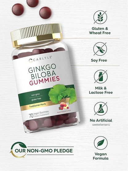 Carlyle Ginkgo Biloba | 70 Gummies | 45:1 Leaf Extract | with Peach Raspberry Flavor | Vegan, Non-GMO, Gluten Free Supplement