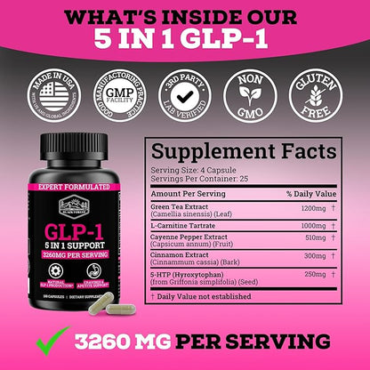 GLP-1 Supplement Support (GLP-1 Supplement Women) GLP Activate with GLP-1 Probiotic & Green Tea Extract (5 in 1 GLP-1 Booster) 3260mg Per Serving (1 Month Supply) For Metabolism Support