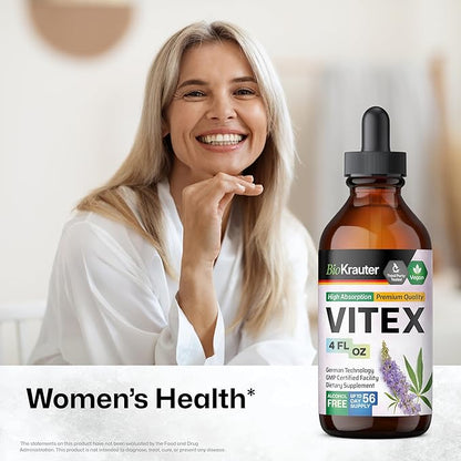 BIO KRAUTER® Vitex Chasteberry Supplement for Women & Menopause Support* - 4 Fl.Oz 56 Days of Supply - Pure Vegan Vitex Berry Tincture - Alcohol & Sugar Free, Non-GMO - Relaxation & Women's Wellness*
