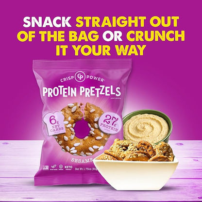 CRISP POWER Protein Pretzels, Variety Pack With Sea Salt, Sesame, & Everything, Up To 28G Protein, High Protein Snack, High Fiber, Low Carb Crunchy Pretzel Snacks, No Added Sugar, 1.75 oz Bags, 24 Pack, Vegan, Keto