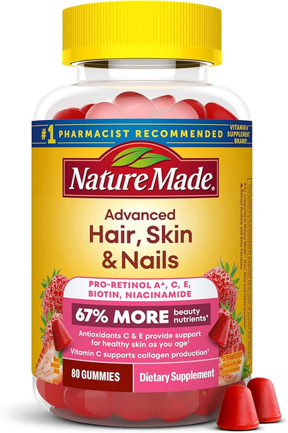 Nature Made Advanced Hair Skin and Nails Gummies, Biotin, Pro Retinol A, Niacinamide, Vitamin C & Vitamin E, 80 Gummies, 40 Day Supply
