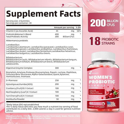 Probiotics for Women 50+, 200 Billion CFU Vaginal Probiotics Gummies with D-Mannose & Cranberry, Sugar-Free Cranberry Flavor for pH Balance, Urinary & Gut Health, 60 Count