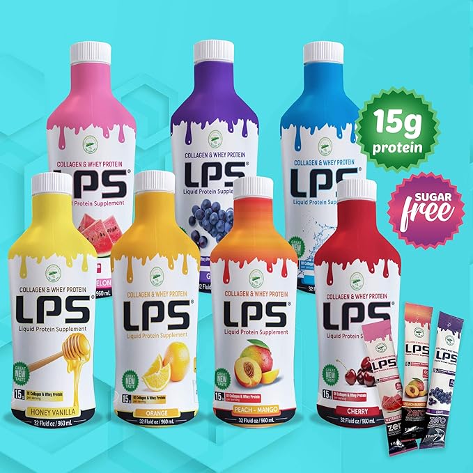 LPS Liquid Collagen & Whey Protein Supplement - Non-GMO Drink, Sugar-Free - Promotes Healthy Skin & Hair for Men & Women, Neutral, Single Serve (100 Packets)