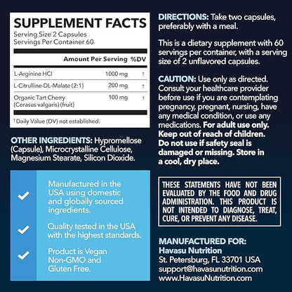L-Arginine Capsules with L-Citrulline - Nitric Oxide Supplement - L Arginine and L Citrulline Blend - 120 Count - Vegan, Non-GMO Capsules for Performance, Endurance and Muscle Support - 2 Month Supply