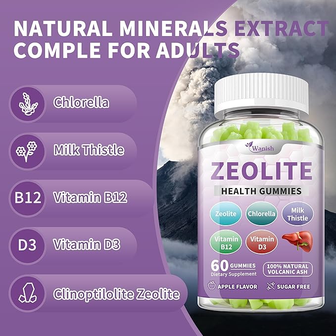 Zeolite Gummies for Kids & Adults - Zeolite Clinoptilolite, Chlorella, Milk Thistle- Supports Immune Health, Gut and liver, Natural Metabolism, Vegan, Non-GMO, Sugar Free, Apple Flavor, 60 Count