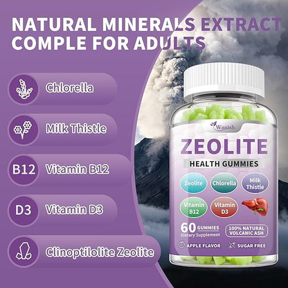 Wanish (2 Packs) Zeolite Gummies for Adults - Zeolite Clinoptilolite, Chlorella, Milk Thistle & Vitamins- Supports Immune Health, Gut and Liver, Vegan, Non-GMO, Sugar Free, Apple Flavor, 120 Count