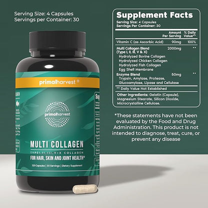 Primal Harvest 2 Pack, Multi Collagen Pills for Women and Men (Type I, II, III, V, X) Collagen Supplements for Women and Men, 120 Capsules w/Vitamin C for Hair, Skin, Nails Collagen Peptides Pills
