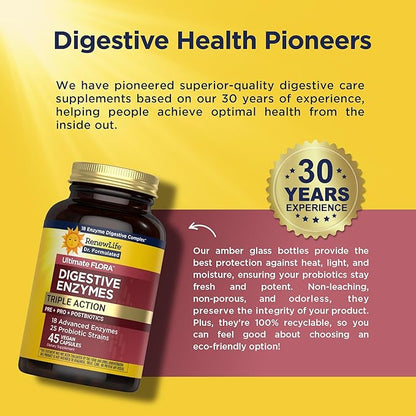 Renew Life Ultimate Flora Digestive Enzymes with Probiotics and Prebiotics | Doctor Formulated | 45 Vegan Capsules | Eases Occasional Gas, Bloating & Discomfort | Dairy, Soy and Gluten Free Supplement