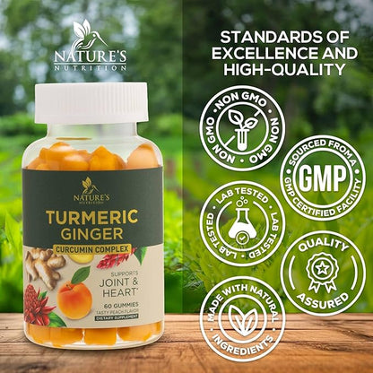 Turmeric Curcumin Supplement Gummies - 95% Curcuminoids with Turmeric & Ginger, Black Pepper for Best Absorption, Nature's Vegan Joint Support, Non-GMO, Gluten Free, Tasty Peach Flavor - 60 Gummies