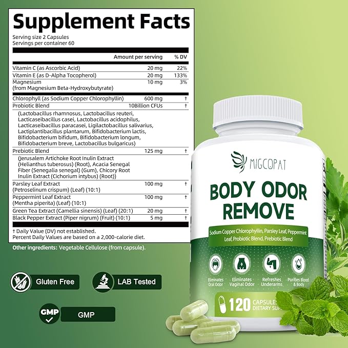 Chlorophyll Body Deodorizing Supplement 2 Pack, Chlorophyll Capsules with Parsley & Peppermint, Probiotic, Green Tea, Jerusalem Artichoke, Prebiotic, Supports Fresh Breath & Whole-Body Freshness